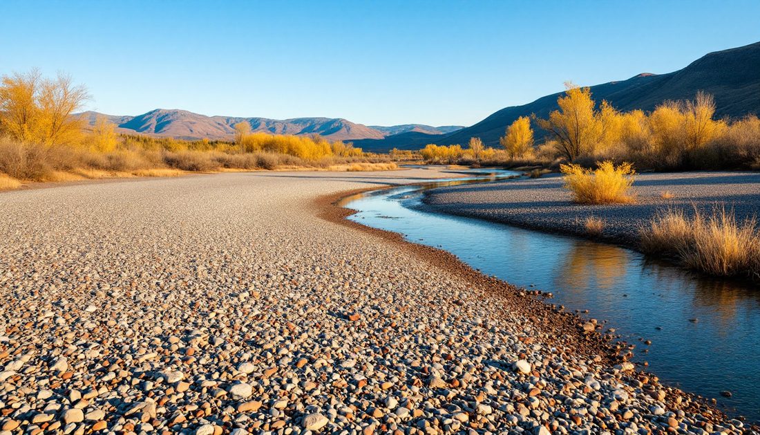 Una barra de grava de desierto en estiaje, con la orilla interior pelada hasta los cantos