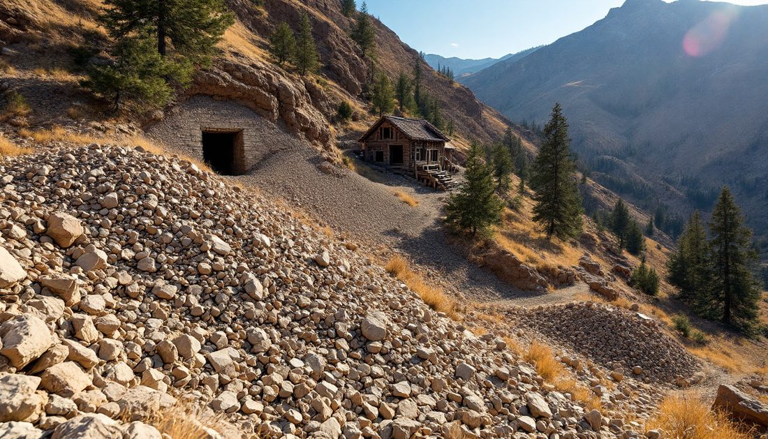 Una escombrera antigua bajo una galería hundida, en una ladera con pinos